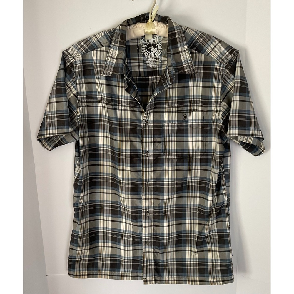Kuhl IONIK Mens Medium Short Sleeve Button Down Plaid Hiking Shirt Blue Grey